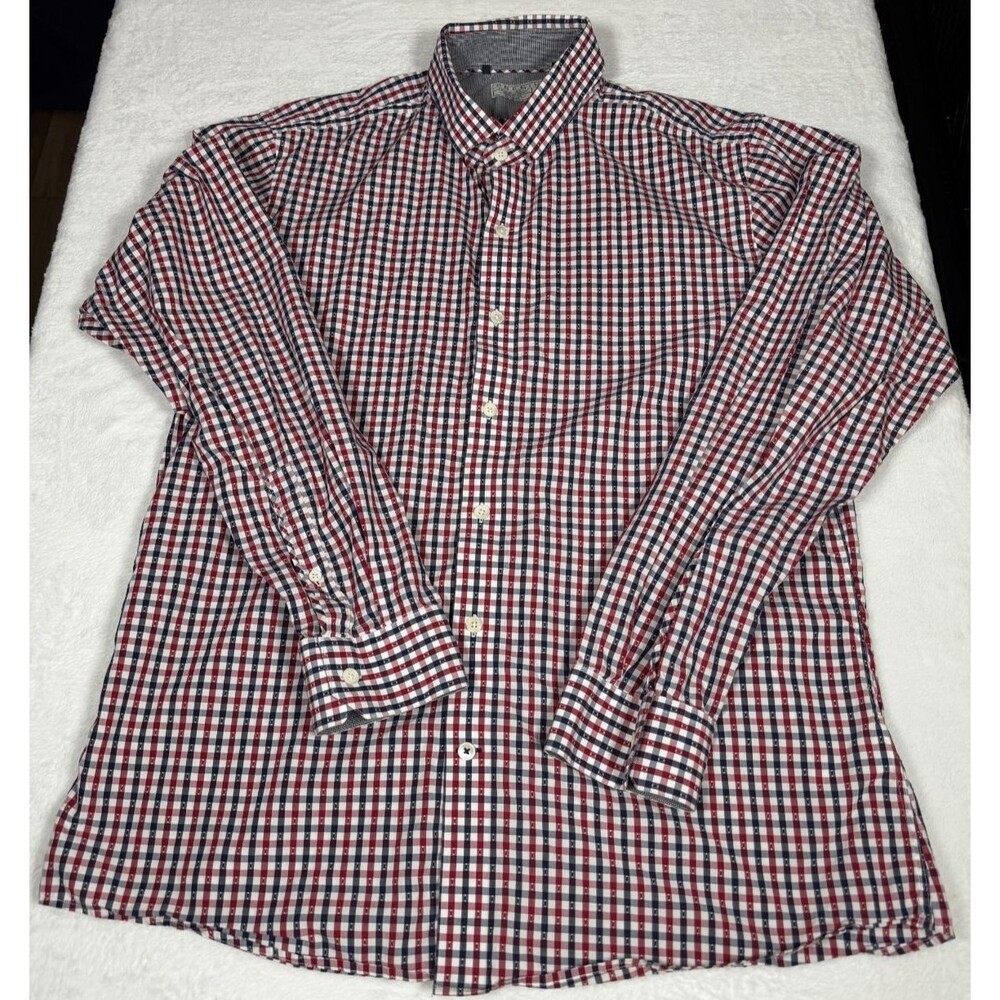 7 Diamonds Men’s Gingham Dress Shirt Large Slim Fit Red Blue Contrast Cuff